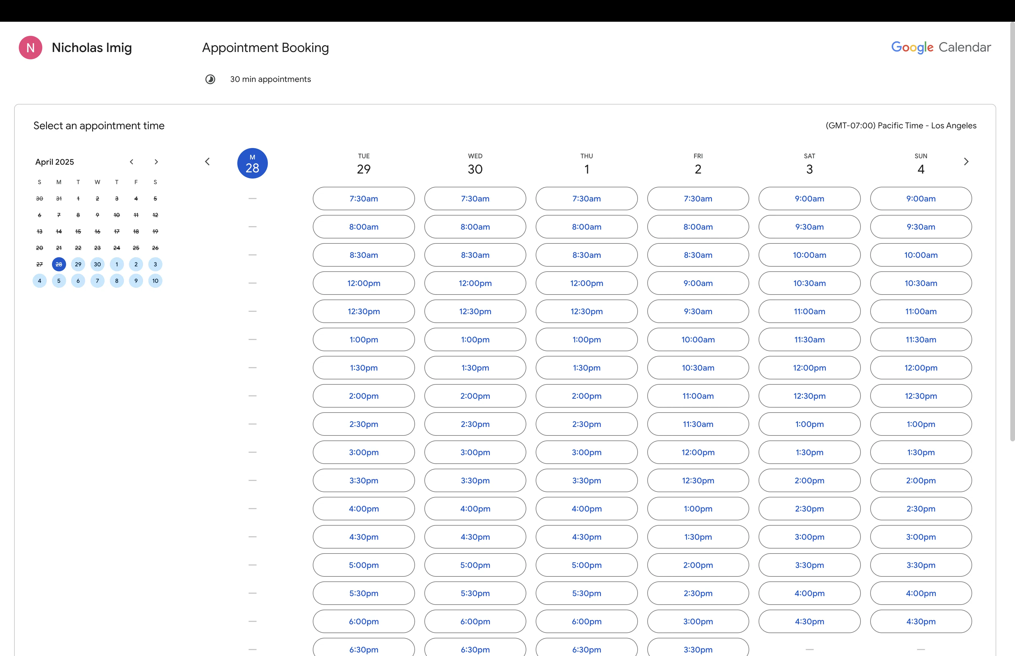 Calendar scheduling screenshot